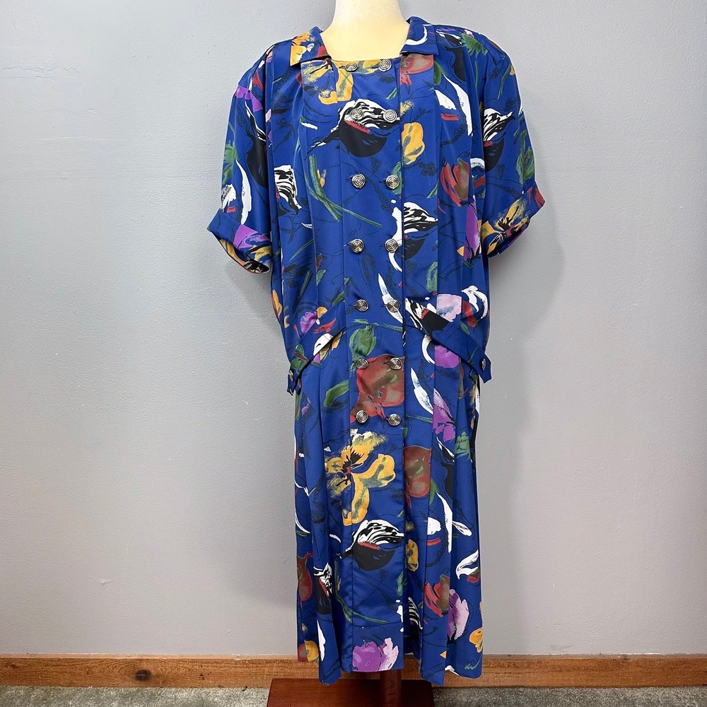 Vintage Midi Dress Women Size M Blue Floral 80s Drop Waist Retro Shoulder Pads - Picture 2 of 11